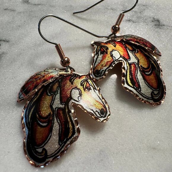 Handmade Boho Copper Feather Estuarian Horse‎ Wire Drop Earrings, Gift Box - Picture 8 of 9